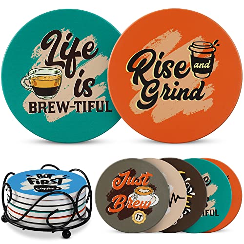 Coffee Lover's Stone Drink Coasters with Holder - Set of 6 Absorbent Coasters for Coffee Table, Perfect Coffee Gifts, Cool Housewarming Present for New Home