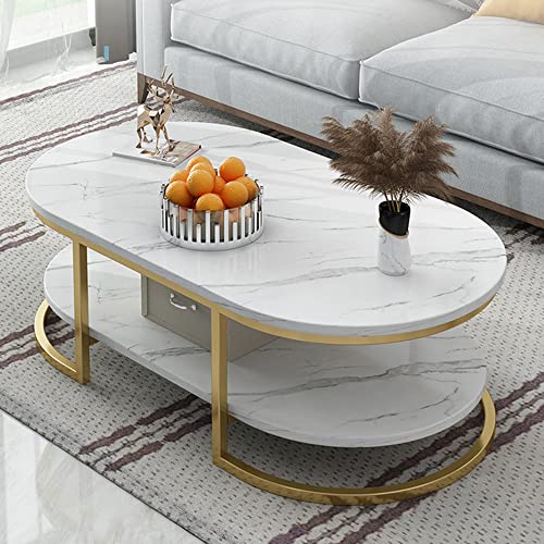 Fashionable Oval Faux Marble Coffee Table with Gold Metal Frame Residing Room Table with Shelf Cocktail Table - Cabinets Included 18" H x 47" L x 24" W White.