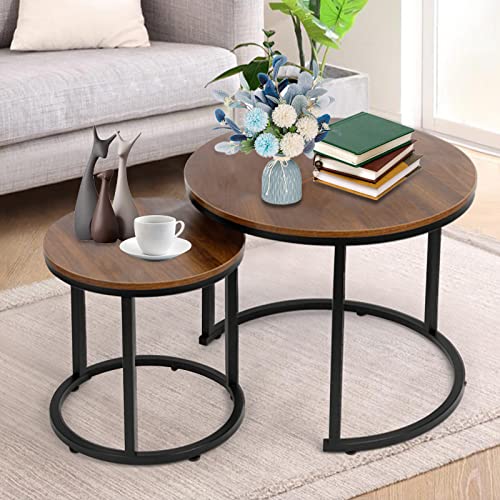 Add Style and Functionality to Your Living Room with This Modern Nesting Coffee Table Set - Sturdy Metal Frame, Set of 2 Round End Tables, Perfect for Any Space!