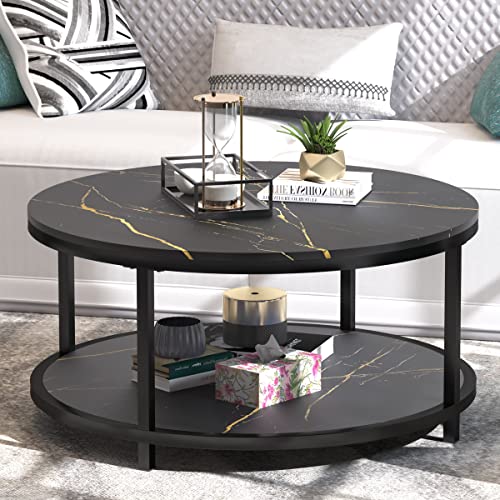 Circle Faux Marble Round Black Coffee Table