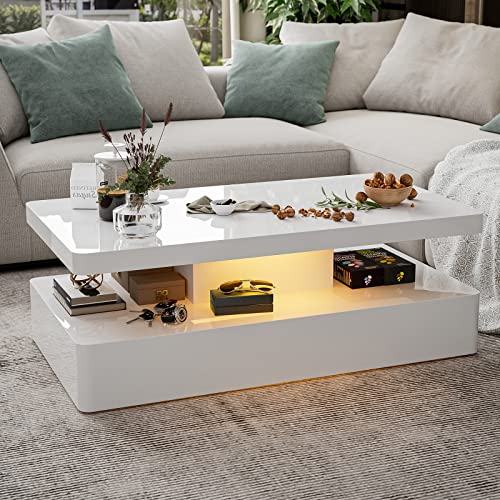 Rectangle White Coffee Table with Led Lights