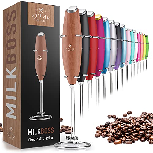 Double Grip Milk Frother for Coffee With Upgraded Holster Stand - Coffee Frother Handheld - Electrical Handheld Foam Maker - Hand Mixer for Latte, Matcha - Electrical Whisk (Oak).