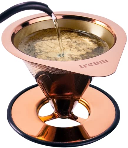 Pour Over Coffee Dripper – Stainless Metal drip Coffee Maker– Anti Slip and Double Layer Mesh, 8oz., Rose gold.