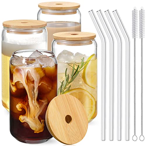 Bamboo Lid Drinking Glasses 4pc Set with Glass Straw - Versatile Can-Shaped Cups for Cocktails, Beer, and More!