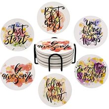Inspirational Ceramic Stone Coasters with Cork Base - Set of 6 with Holder