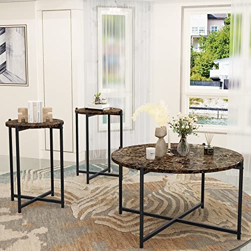 Stylish Faux Marble Coffee Table Set of 3 - Round Coffee Table & 2 End Tables with Metal Frame - Ideal for Living Room, Apartment Accent Furniture.