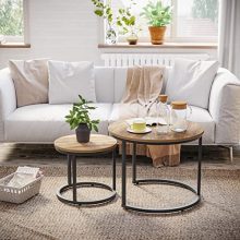 Small Espresso Desk Dwelling Room Set of two Spherical Modern Nesting End Tables Stable Metal Leg Picket Aspect Desk.