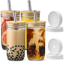 Super Coffee Glass Cups Set Bamboo Lids & Straws