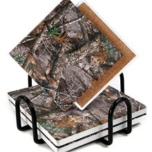 Realtree Drink Coasters with Metal Holder – Set of 4 – Camo Outdoorsman Design
