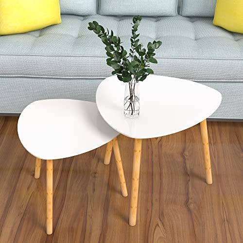 Modern Bamboo Nesting Tables Set of 2 - Perfect Side Tables for Living Room or Bedroom, Featuring a Stylish Triangle Design in White Finish!