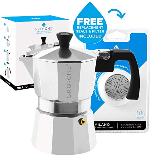 Moka Pot Espresso Maker Bundle - 3 Cup Stovetop Coffee Maker with 5oz Capacity, Silver Finish, and 3 Replacement Seals Gaskets for Italian Espresso Lovers.