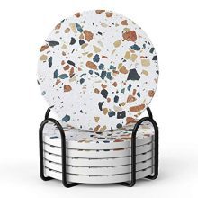 Terrazzo Pattern Coasters with Holder - Set of 6 Absorbent Drink Coasters, 4 inches, Protects Furniture from Scratches and Stains, Perfect Housewarming Gift