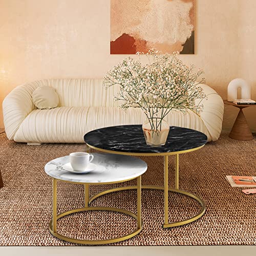 Marble Nesting Golden Coffee Table 31.5In Giant Set of two, Metal Body Round and Spherical Wood Tables 31in, Living Room Bed room Residence Trendy Industrial Easy Nightstand.