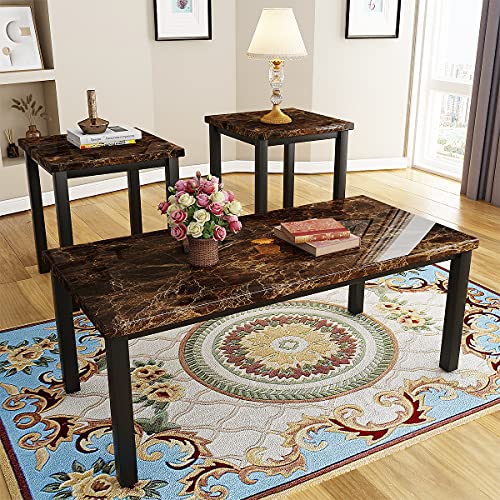 3 Piece Marble Coffee Table Set with Metal Frame