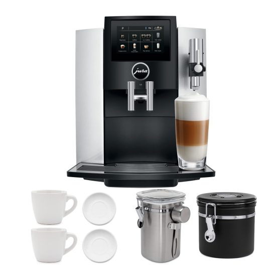 Jura S8 Automatic Coffee Machine in Moonlight Silver with AromaG3 Grinder, featuring a touchscreen display, professional milk frother, and bundled with ceramic espresso cups and ChefWave coffee canisters.