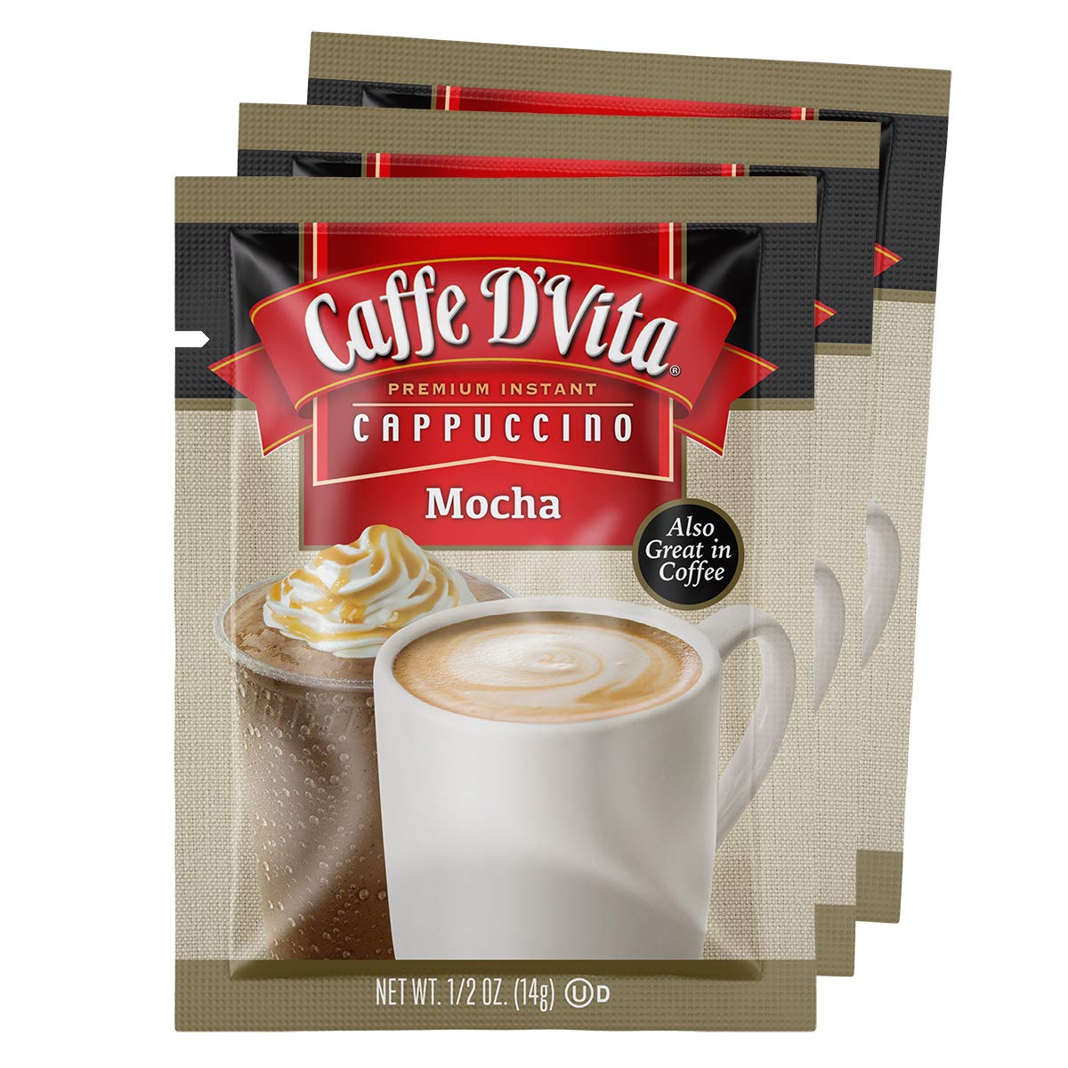 Caffe D’Vita Mocha Cappuccino Mix - Mocha Powder Mix, Instant Cappuccino Mix, Gluten Free, No Ldl cholesterol, No Hydrogenated Oils, No Trans Fats, 99% Caffeine Free, Mocha Mix - 0.5 Oz Packets, 24-Pack.