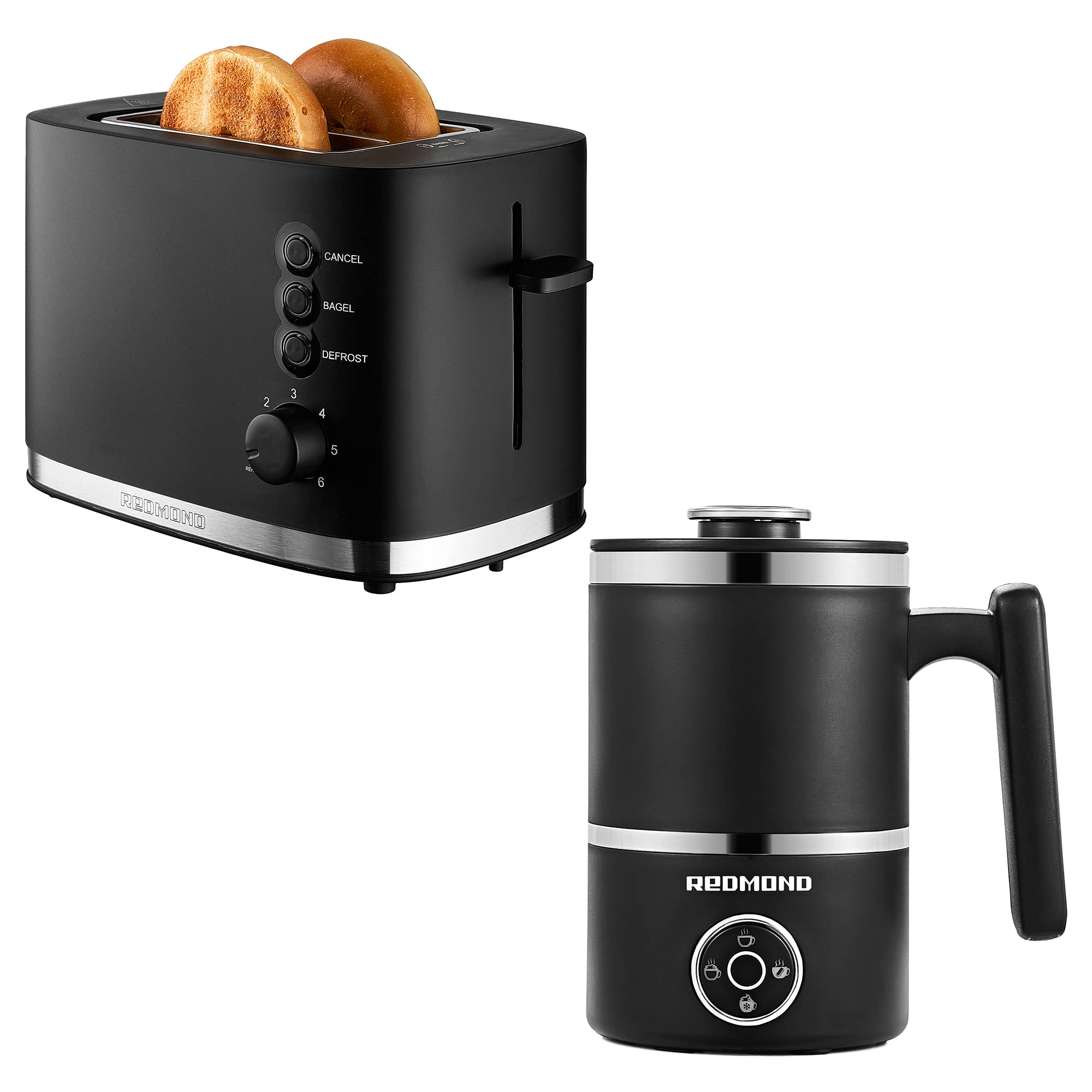 4-in-1 Espresso Frother Toaster 2 Slice, 6-Shade Settings with Milk Frother, Matte Black Finish.