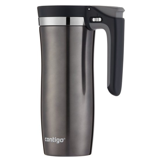 Contigo 16 oz AUTOSEAL Travel Mug in Gunmetal with Vacuum Insulation, Easy-Clean Lid, and Carry Handle. Ideal for keeping beverages hot or cold for extended periods, featuring leak- and spill-proof technology.