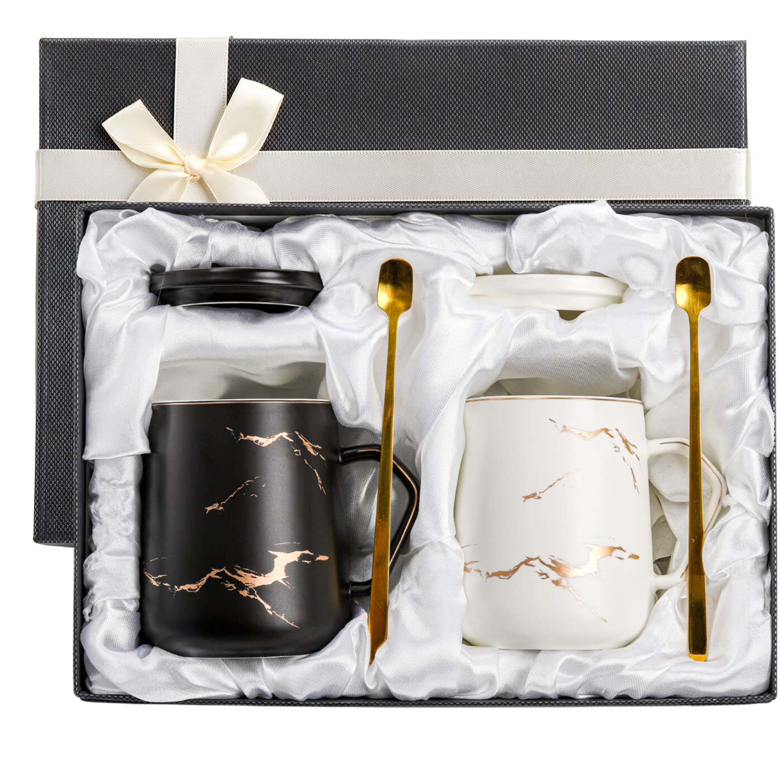 2 Pack Ceramic Coffee Mugs with Gift Box, 13.5 Oz Porcelain Mugs Set with Lid and Gold Spoon, Luxurious Marbling Black and White Couple Mugs Gift for Males Ladies, Tea, Milk, Workplace and Dwelling.