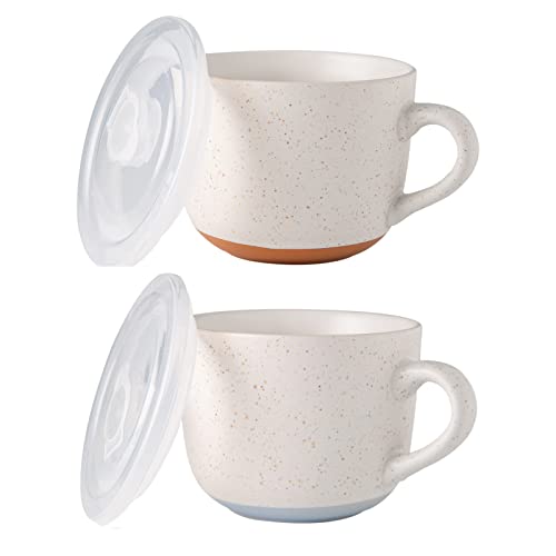 Savor Your Soups in Style: Set of 2 Speckled Ceramic Soup Mugs with Lid, 24 oz Capacity, Perfect for Espresso, Cereal, Salad, Noodles, and More! Microwave and Dishwasher Safe, with Vented Lid and Handle for Easy Transport.