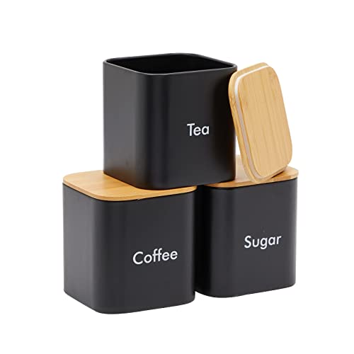 Juvale 3-Piece Set Sugar Tea Coffee Kitchen Canister Set - Black Stainless Steel Containers with Bamboo Lids (48 oz)