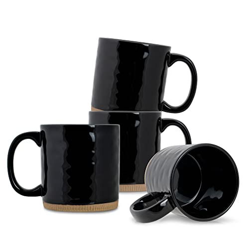 Elevate Your Coffee Game with Stunning High-Gloss Raw Clay Ceramic Stoneware Mugs - Set of 4 in Bold Black - 15 Ounce Capacity.