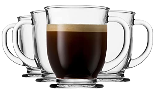 Elevate Your Coffee Experience: Set of 4 Large 15oz Glass Coffee Mugs with Handle, Perfect for Hot Drinks, Tea, and Coffee Gifts. Experience the Quality of Godinger.