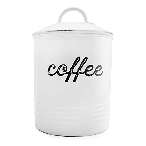 AuldHome Enamelware White Coffee Canister - Rustic Distressed Style Tea Storage
