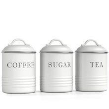 Barnyard Designs White Canister Sets for Kitchen Counter, Classic Kitchen Canisters, Nation Rustic Farmhouse Decor for the Kitchen, Espresso Tea Sugar Farmhouse Kitchen Decor, Steel, Set of three.