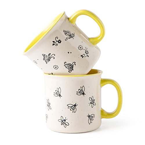 22 OZ Giant Ceramic Coffee Mugs, Outsized Soup Cups With Big Handle for Males Girls Dad Mother, Big Mug With Textured Bees Butterfly Patterns for Workplace & House -Microwave Secure, 2 Pcs.