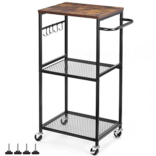 Microwave Cart with Storage, 3 Tier Mesh Utility Storage Cart, Wood Look Top and Metal Frame Rolling Pantry Cart for Kitchen, Living Room, Laundry Room, Rustic Brown.