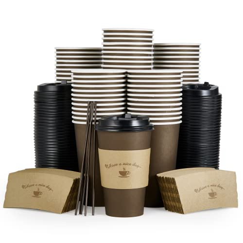 100 Pack 16 oz Brown Paper Coffee Cups with Lids, Sleeves, and Sticks - Disposable Drinking Cups for Cold/Hot Coffee, Water, or Juice - Perfect for Home, Restaurant, Store, and Cafe Use.