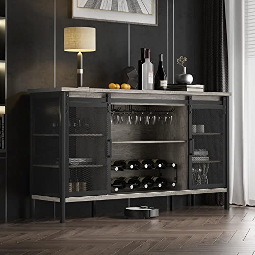 Rustic Charm Meets Industrial Style: 55" Sliding Barn Door Wine Bar Cabinet in Dark Rustic Oak - Easy Assembly.