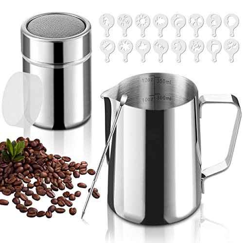 Milk Frothing Pitcher 12oz/350ml，Stainless Metal Steam Pitchers for Milk Coffee Cappuccino Latte Art, Stainless Metal Powder Shaker with Lid, 16 Items Coffee Adorning Stencils, Adorning Art Pen.