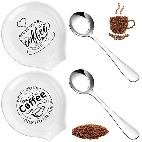 4 Items Coffee Spoon Rest and Spoon Humorous Coffee Quote Ceramic Coffee Spoon Holder Rests for Coffee Station Decor Range High Countertop Kitchen Equipment Good Current for Coffee Lovers.