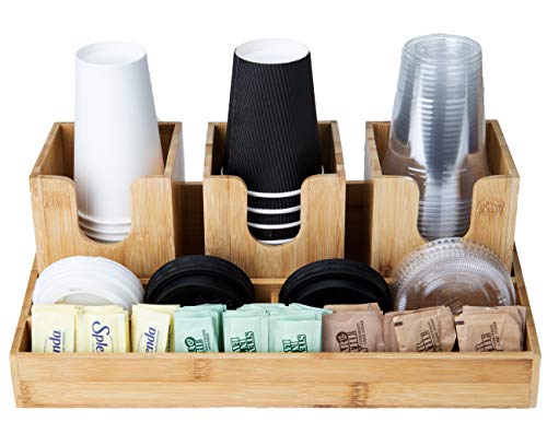 Bamboo Breakroom Condiment Organizer - 6 Compartments for Coffee Station and Office Kitchen - Brown.