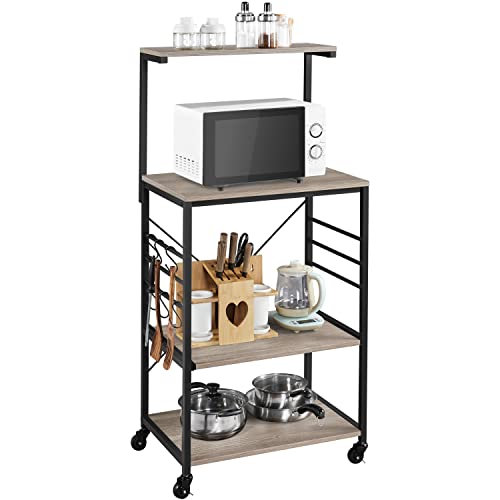 Kitchen Bakers Rack on Wheels, 4 Tiers Microwave Stand Cart Utility Storage Shelf with 6 Hooks and Sliding Shelf, Rolling Kitchen Organizer Coffee Bar with Adjustable Ft, Grey.