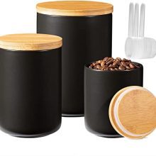 Set of 3  - Farmhouse Style Food Storage Jars with Measuring Spoons and Stickers - Ideal for Espresso, Sugar, Tea, and More - Elegant Black Design