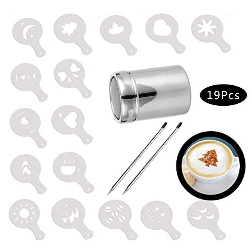 Ultimate Coffee Art Kit: 7 Coffee Cappuccino Stencils, Stainless Steel Tools, and Powder Shakers Set