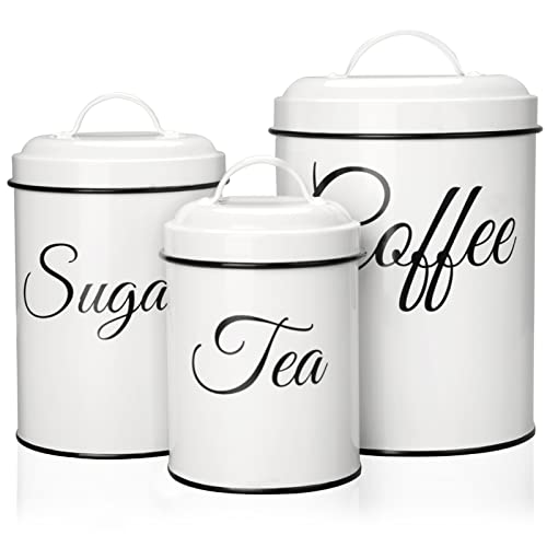Canister Set for Kitchen Counter, Hermetic White Classic Canisters Units, 3pcs Rustic Farmhouse Kitchen Decor, for Coffee, Flour, Sugar, Tea Storage.