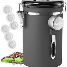 Hermetic Coffee Canister, 22OZ Giant Stainless Steel Coffee Bean Storage Container with Date Tracker, Measuring Scoop, CO2 Releasing Valves and Mini Tongs for Beans, Grounds and extra - Grey.