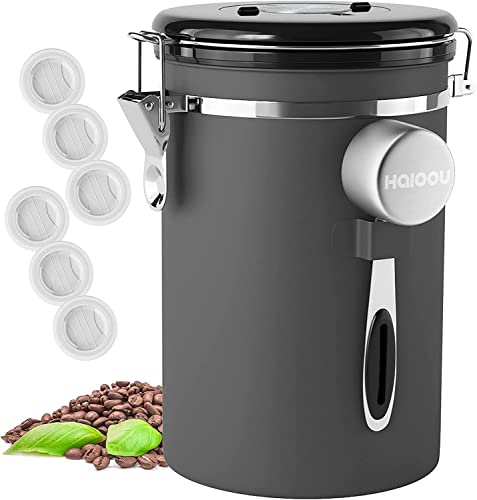 Hermetic Coffee Canister, 22OZ Giant Stainless Steel Coffee Bean Storage Container with Date Tracker, Measuring Scoop, CO2 Releasing Valves and Mini Tongs for Beans, Grounds and extra - Grey.