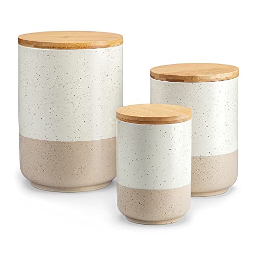 Canister Units for Kitchen Counter, Ceramic Food Storage Jars with Airtight Wood Lids, Massive Kitchen Canisters for Espresso, Sugar, Tea, Flour, Spice (Set of three).