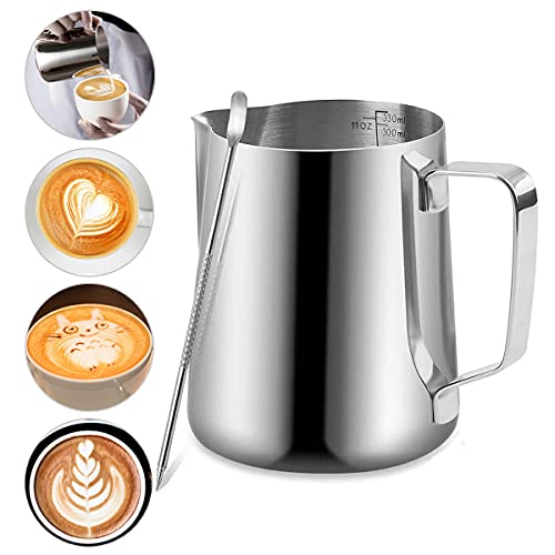 Milk Frothing Pitcher with Art Pen- Easy to Read Creamer Measurements Inside - Perfect for Espresso, Cappuccino, Latte, and Coffee Steaming