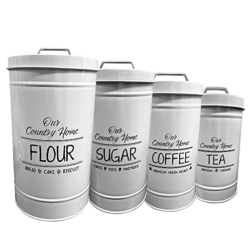Classic Farmhouse Canister Set, Rustic Hermetic Lid, Powder Coated Nesting Kitchen Counter Canisters Set of 4, Multipurpose Ornamental Storage for Flour, Coffee, Tea, Sugar.