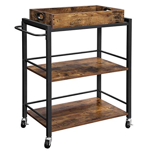 Bar Cart, Kitchen Serving Cart, Utility Cart with Wheels and Deal with, Universal Casters with Brakes, Leveling Toes, Rustic Brown and Black.