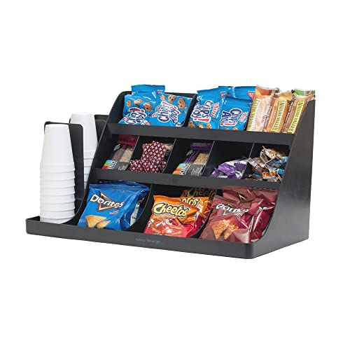 Stay Organized and Efficient with the Mind Reader Large Breakroom Coffee Condiment Organizer - 14 Compartments and 3 Tiers for Easy Storage and Access, in Sleek Black Design.