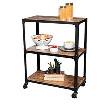 Rolling Bar Cart [3 Tier] Kitchen Microwave Cart Island On Wheels, Coffee Station (Wooden/Steel, Black/Brown).