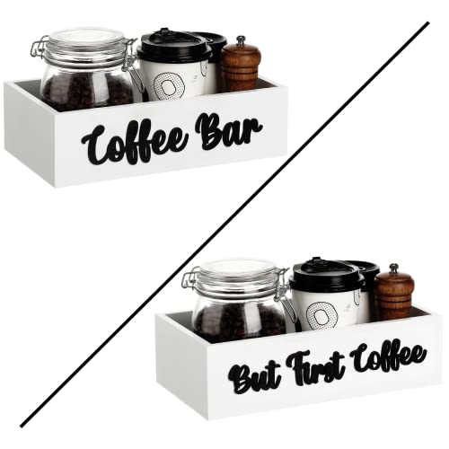Coffee Bar Box with 3D Letter Decor, Coffee Bar Organizer Wood Holder Storage for Counter Farmhouse House Decor Housewarming Reward (White Box).