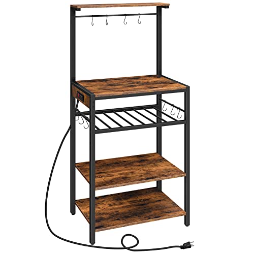 Rustic Brown 4-Tier Bakers Rack with Wine Rack, Power Outlet, and Hooks Ideal for Kitchen, Dining and Living Room Spaces.